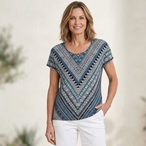 Chicos Boho Ikat Chevron Geometric Knit Blouse